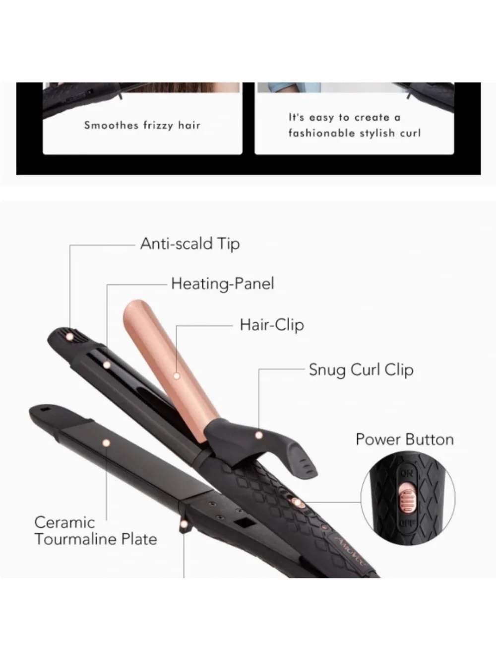 AmoVee 2 in 1 Travel Flat Iron Ceramic Tourmaline Curling Iron Hair Straightener